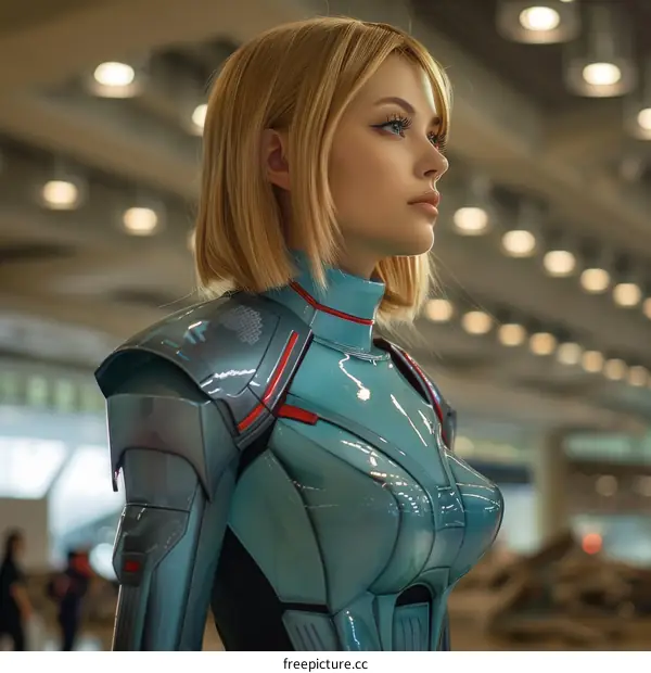 portrait of a young blonde woman in a blue and silver bodysuit