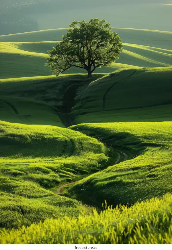 Panoramic view of idyllic green hills with a lonely tree in the middle
