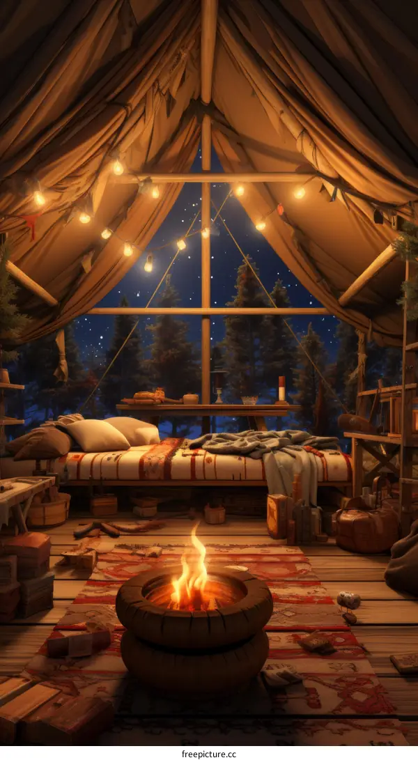 Cozy bedroom interior with bonfire and night starry sky