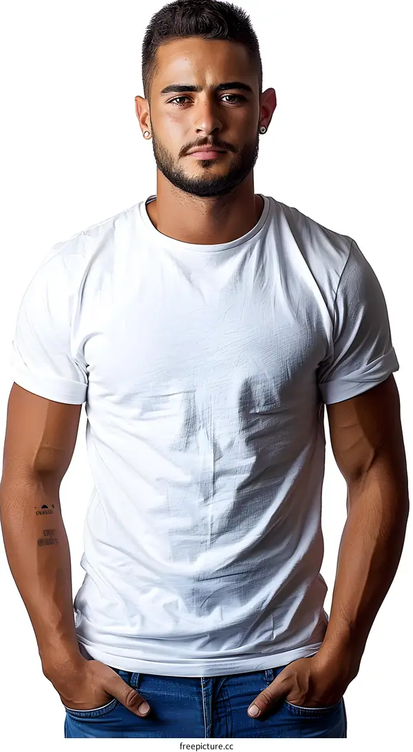 Handsome young man in white shirt posing in studio
