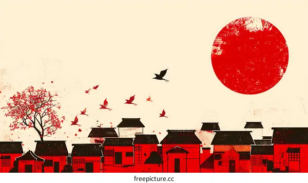 Red Sun Over Japanese Village Illustration