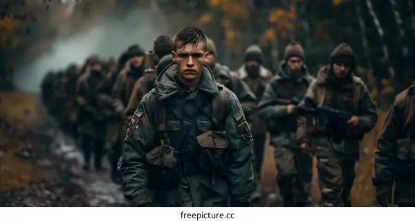 A group of soldiersเดินทัพผ่านป่าในฤดูใบไม้ร่วง