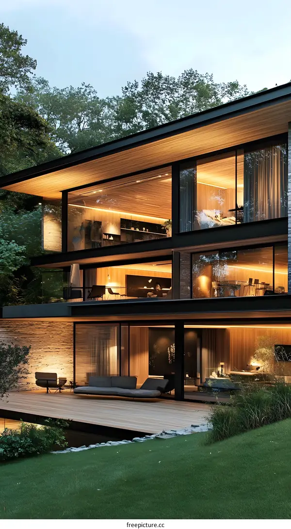 Modern Wooden House with Large Windows and a Deck