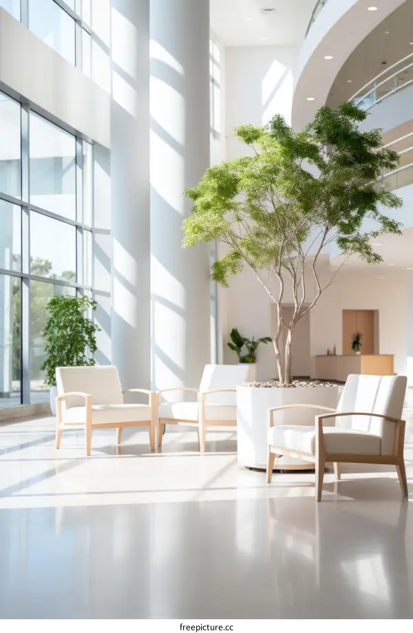 White chairs in a modern hospital atrium with a large tree
