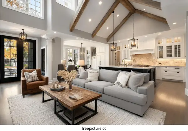Spacious Modern Farmhouse Living Room with Open Kitchen