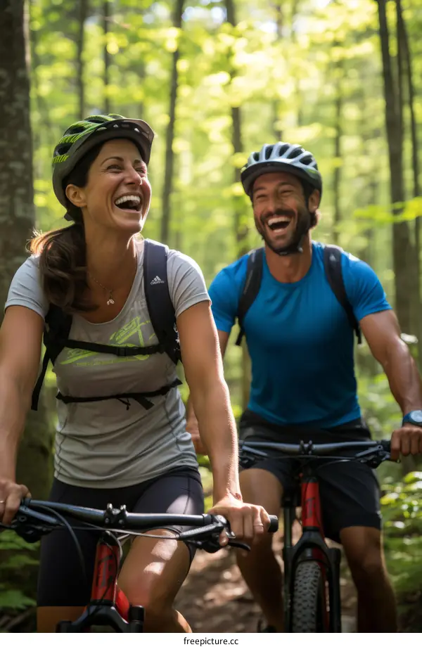 Two bikers riding through the forest