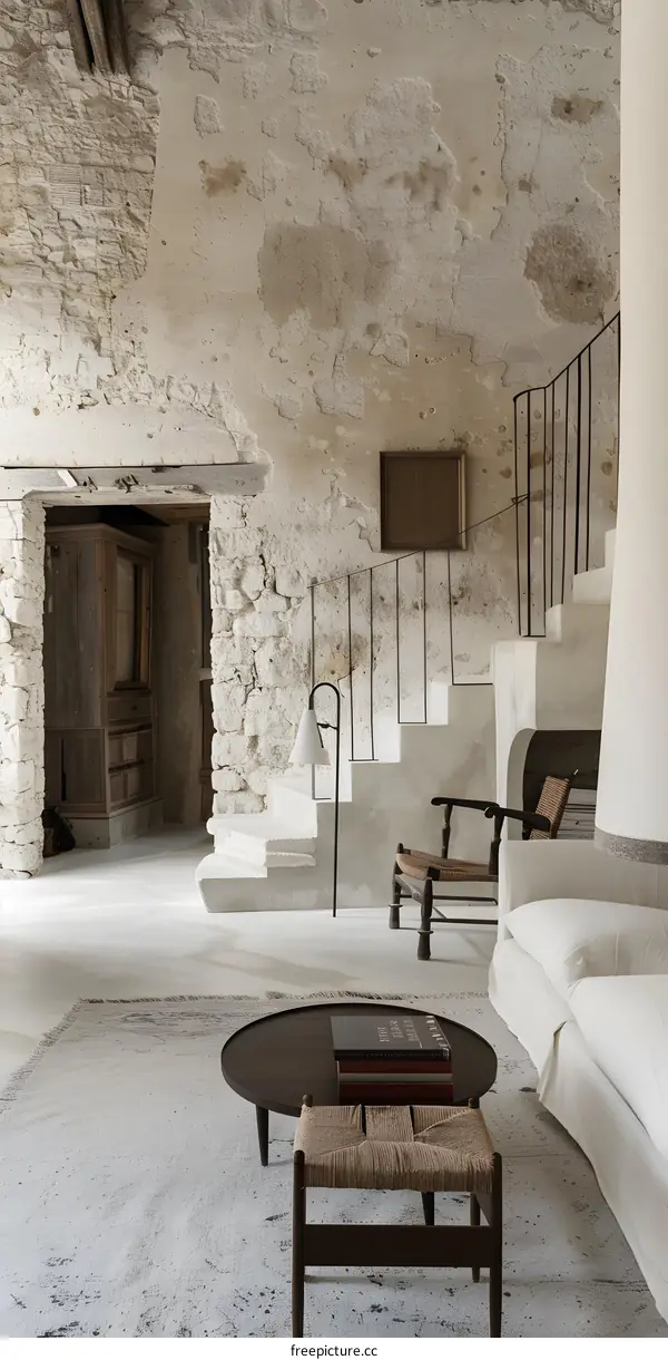 Minimalist Living Room with Stone Wall and Modern Furniture