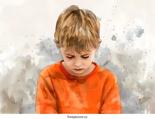 watercolor painting of a sad looking boy