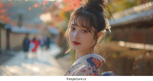 Asian Woman in Traditional Japanese Kimono Autumn Scene