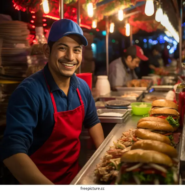Portrait of a Mexican street food vendor smiling at the camera.