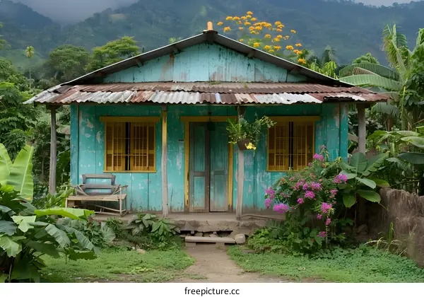 Small blue wooden house in the middle of a lush green jungle