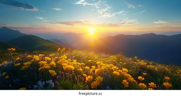 Mountains in the distance with a field of yellow flowers in the foreground
