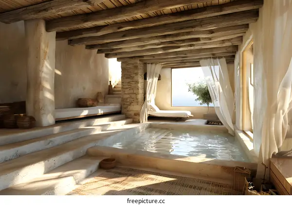 Steps lead down to a sunken living room with a daybed and pool