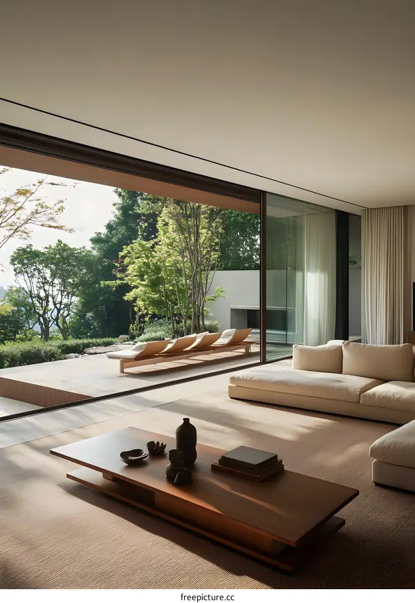 Modern Minimalist Living Room with Glass Doors and View of Nature