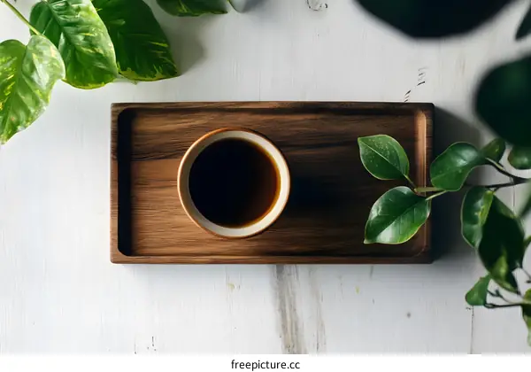 Overhead View Of A Cup Of Coffee On A Wooden Tray With Green Leaves