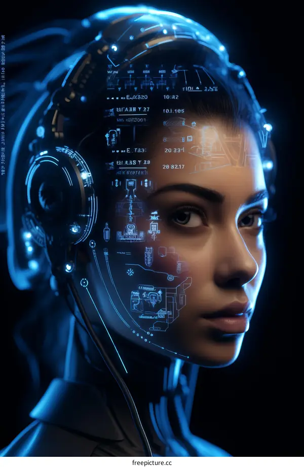 Portrait of a young woman with a futuristic HUD interface.