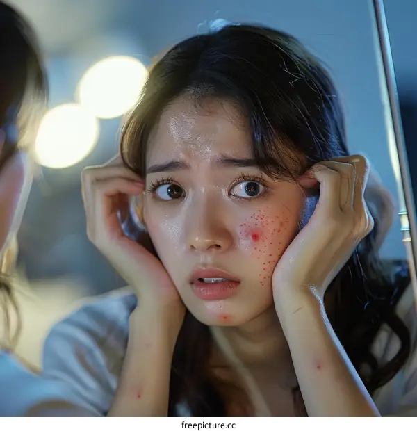 A young woman looks in the mirror and sees her reflection with acne