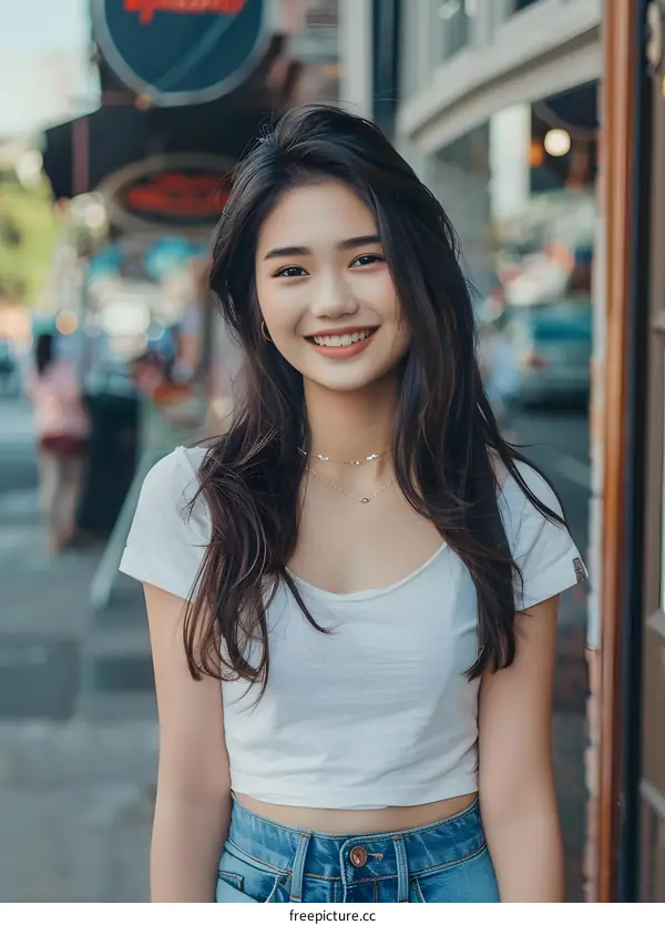 Smiling Asian Woman In White Top And Jeans