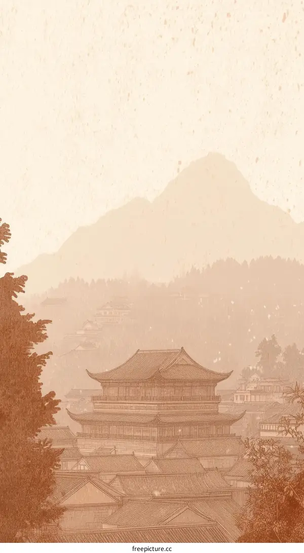Ancient Chinese Cityscape with Misty Mountains
