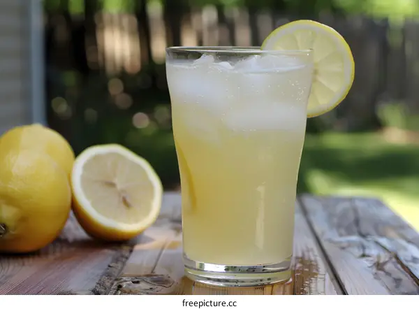 Glass Of Lemonade With Ice And Lemon Slice On Wooden Table