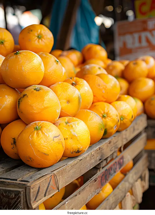 Fresh Oranges in Wooden Crate at Market