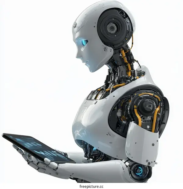 Futuristic White Robot Holding a Tablet