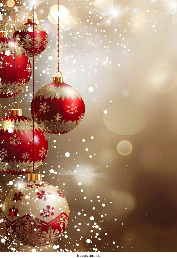 Red and gold Christmas ornaments hanging from a string with a gold background