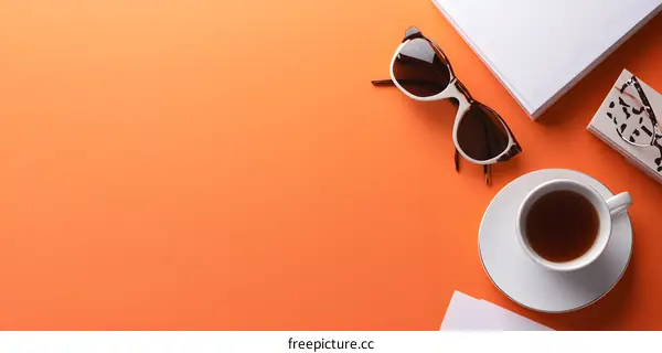 Orange Background With Sunglasses, Cup Of Tea And Book