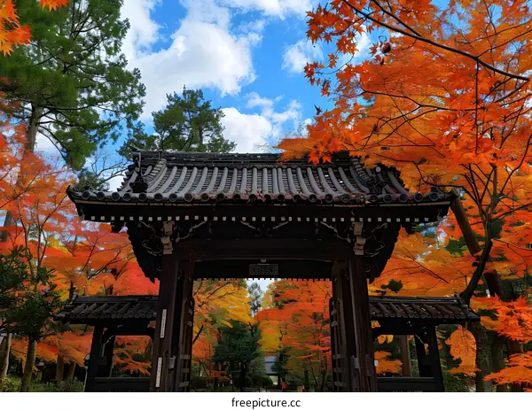 A photo of a traditional Japanese gate with bright red maple leaves in autumn