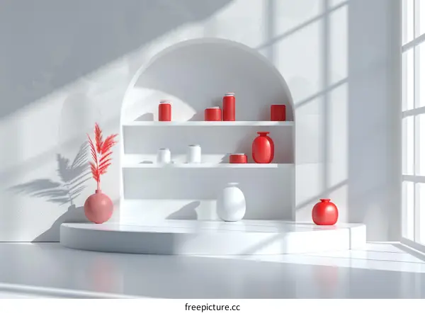 Red and White Minimalist Still Life with Vases and Jars