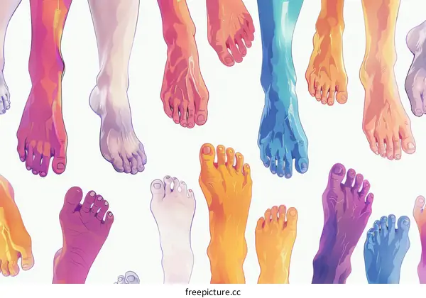 Colorful feet of diverse people from different ethnicities
