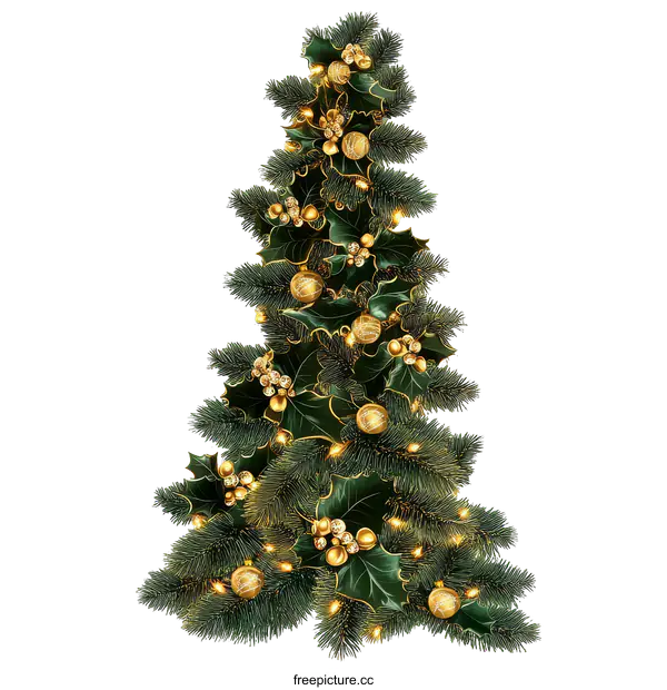 [Transparent Background PNG]Christmas Tree Illustration with Golden Ornaments