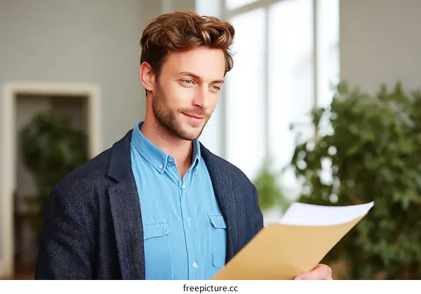 Caucasian Man Reading Document in Office