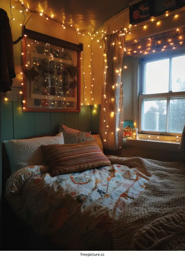 Cozy Bedroom Decorated with Fairy Lights
