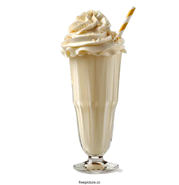 [Transparent Background PNG]A vanilla milkshake in a glass with whipped cream and a straw