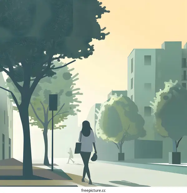 Woman Walking in City Park Illustration