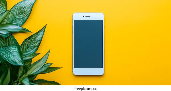 White Smartphone with Green Plant Leaves on Yellow Background