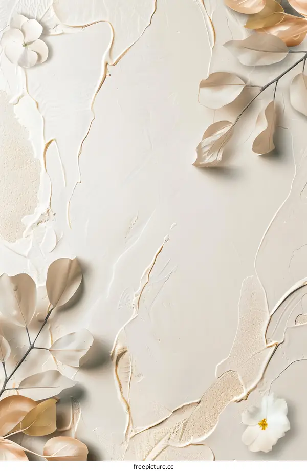 Minimalist White and Gold Background with Dried Flowers and Leaves
