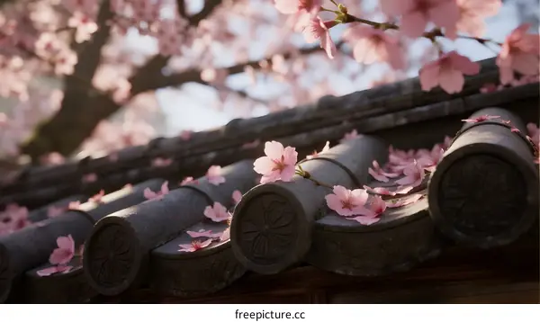 Cherry Blossom Petals on Traditional Asian Roof Tiles