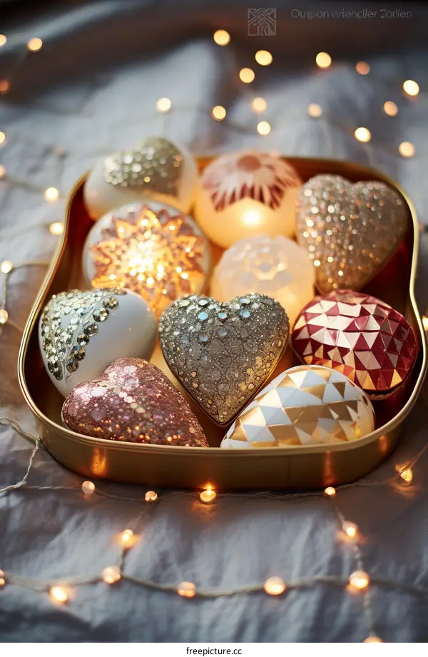 Christmas ornaments in a golden bowl