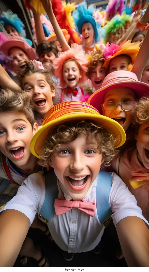 A group of diverse children wearing colorful costumes and hats are taking a selfie together.