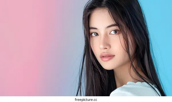 Beautiful Asian Woman with Long Black Hair on a Pink and Blue Background