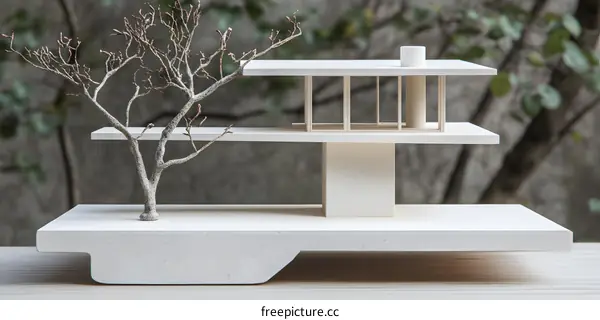 Modern Architecture Model With Bare Tree Branch