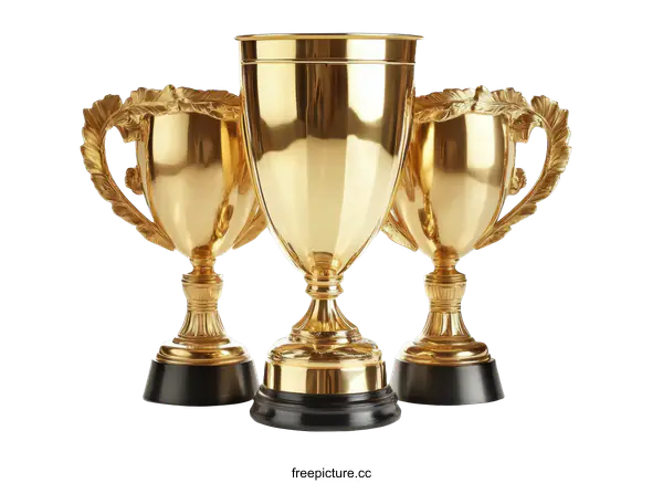 [Transparent Background PNG]Three Golden Trophy Cups on White Background