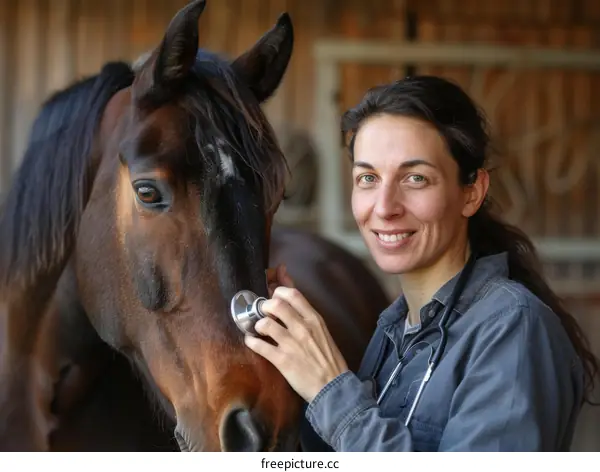 Smiling veterinarian woman examining a brown horse with a stethoscope