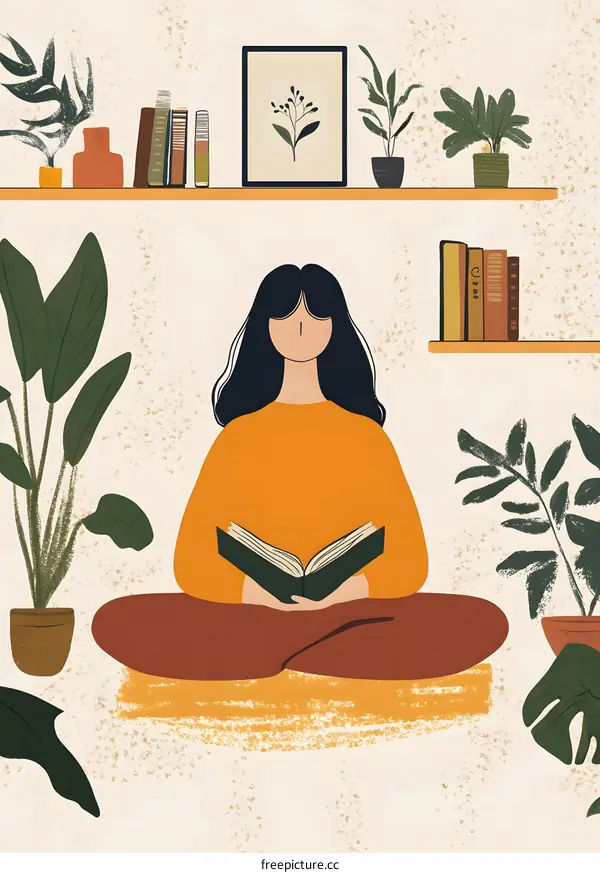 Woman Reading Book in a Cozy Room with Plants