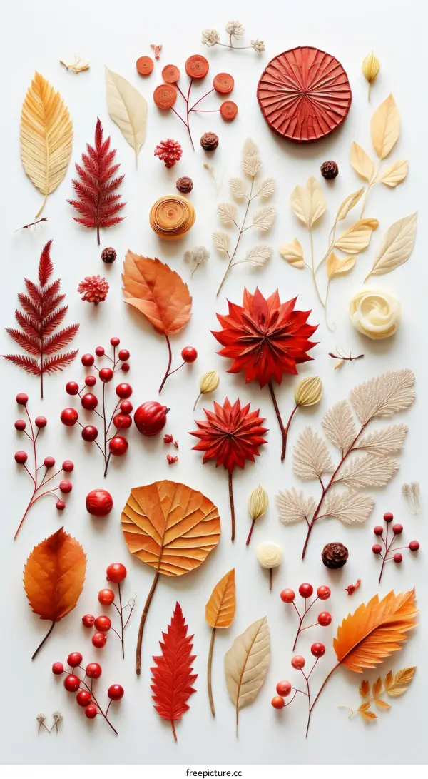 An assortment of autumn leaves, flowers, and berries