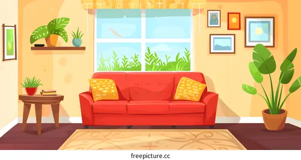 Cozy Living Room with Red Sofa and Plants