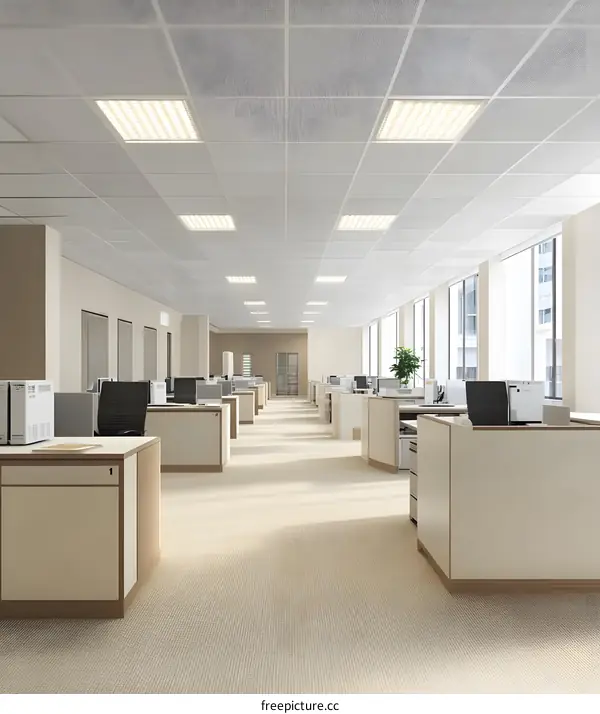 Modern Office Interior Design with White Ceiling Tiles and Carpeted Floor