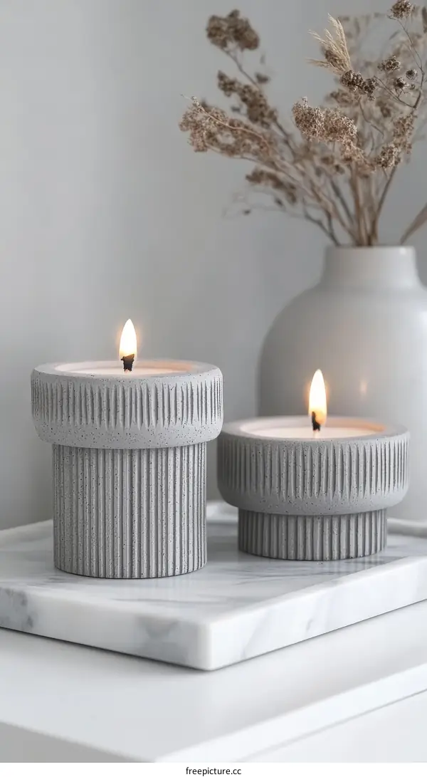 Grey Concrete Candles on Marble Tray Decor
